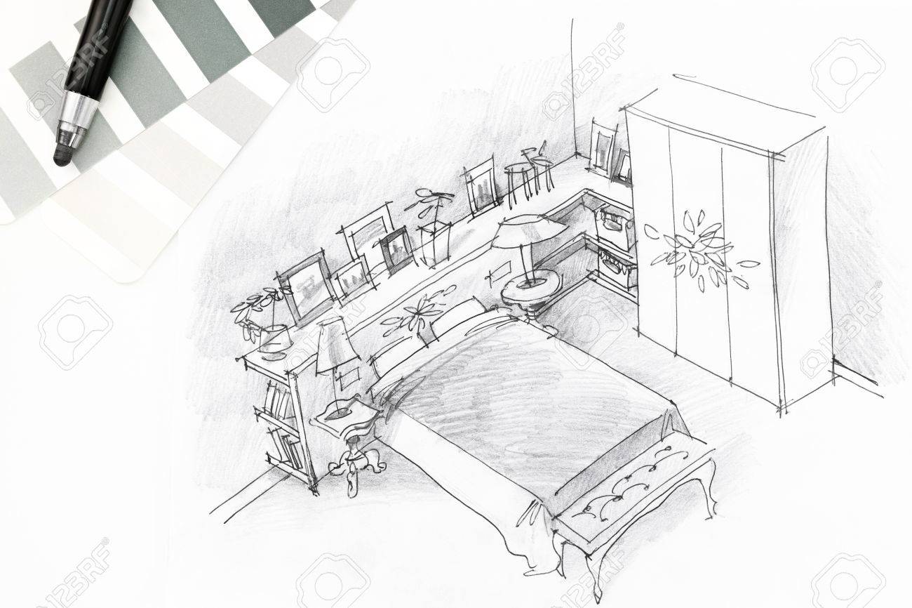 Interior Sketch Of Modern Bedroom With Pencil And Color Swatches