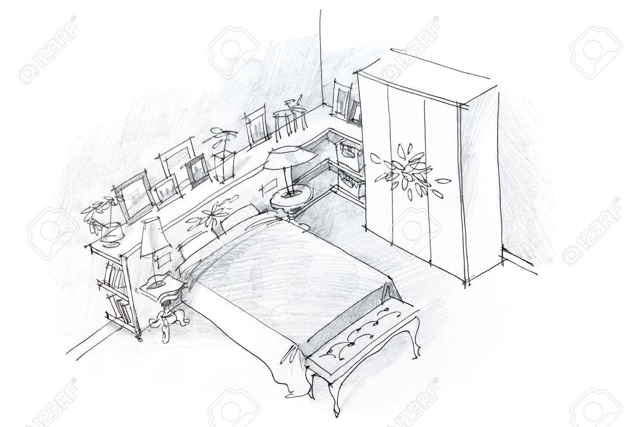 Freehand Pencil Drawing Of Modern Bedroom Interior Black And