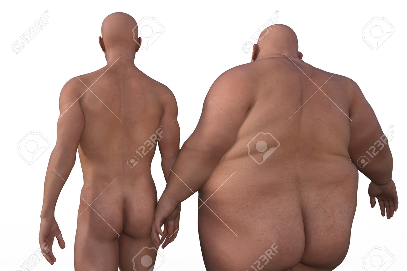 Representación 3D De Hombres Atléticos Y Obesos De Espaldas A Un Fondo  Blanco Fotos, retratos, imágenes y fotografía de archivo libres de derecho.  Image 202254643