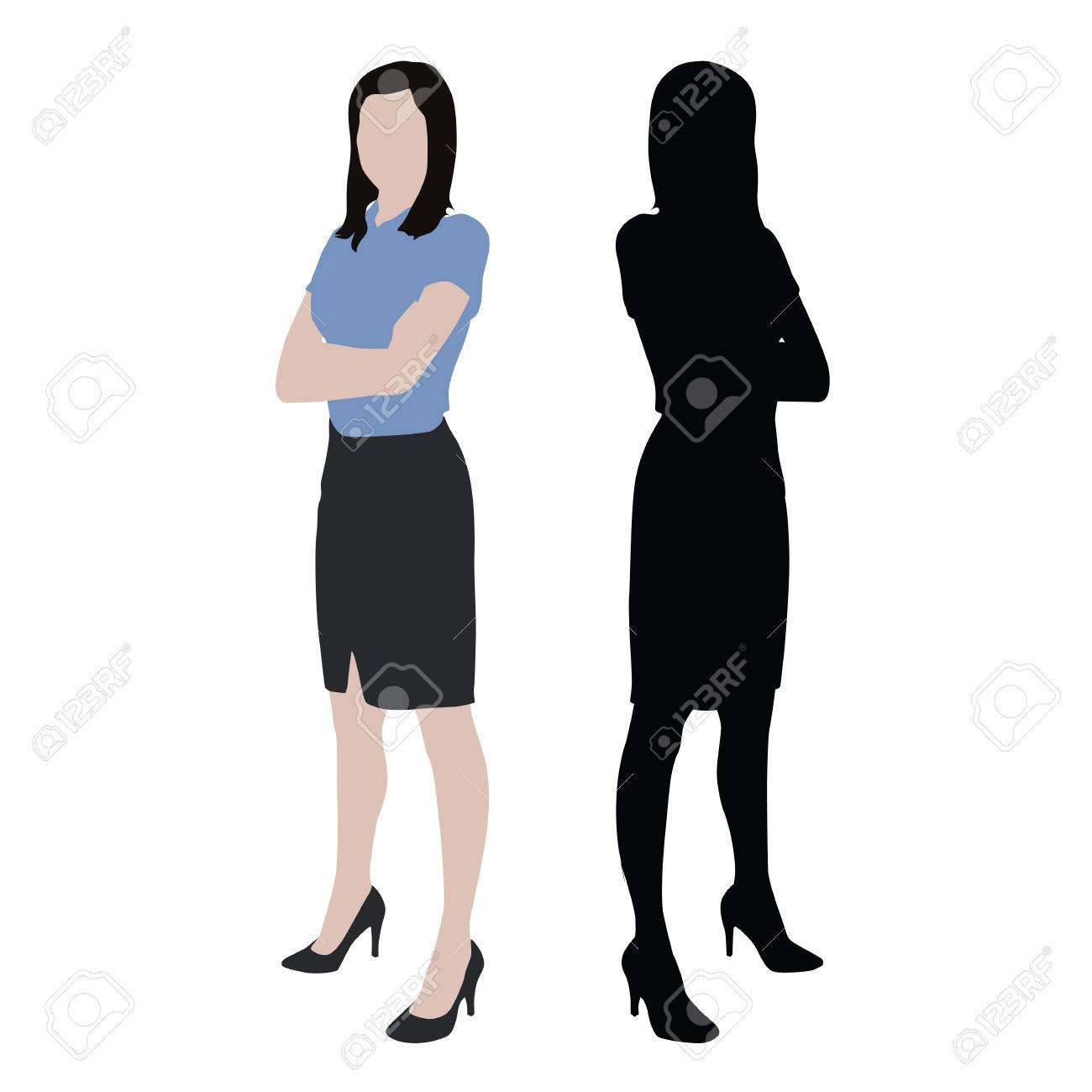 ビジネスの女性 孤立したシルエットやイラスト 腕を組んで 暗いスカート ハイヒールで立っている立っている女性 のイラスト素材 ベクタ Image