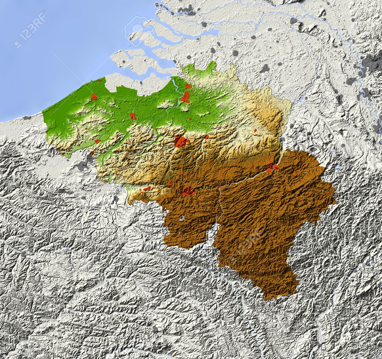 carte relief belgique Belgium. Shaded Relief Map. Surrounding Territory Greyed Out 
