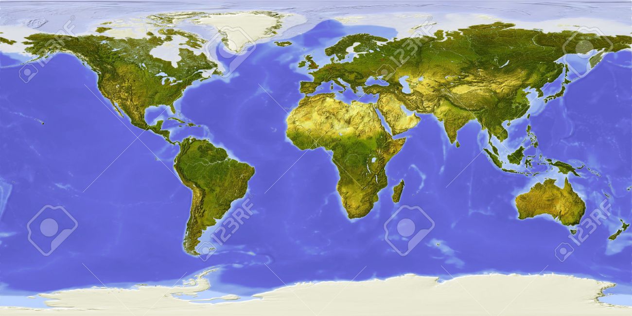 Carte Du Monde Centree Sur L Afrique Relief Ombre Colore En Fonction De La Vegetation Dominante Affiche De La Glace Polaire Et Le Bloc Les Grandes Zones Urbaines Isole Sur Fond Blanc Avec