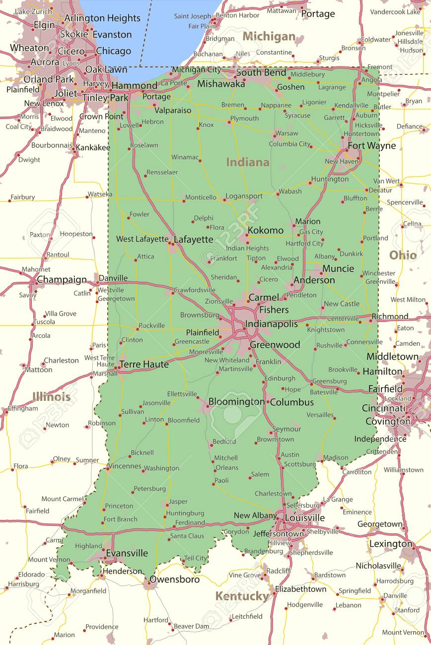 Indiana Kentucky Border Map Map Of Indiana. Shows State Borders, Urban Areas, Place Names, Roads And  Highways. Projection: Mercator. Royalty Free Svg, Cliparts, Vectors, And  Stock Illustration. Image 92721407.