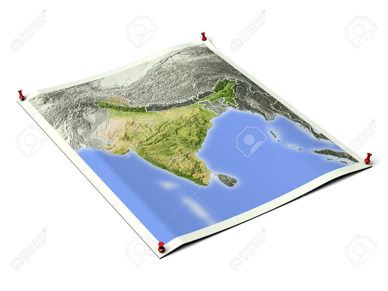India on unfolded map sheet with thumbtacks.
Map colored according to vegetation, with borders.
Includes clip path for the background. Map projection: Mercator ; Geographic extents: W: 65; E: 100; S: 0; N: 40 - 93779012 India on unfolded map sheet with thumbtacks.
Map colored according to vegetation, with borders.
Includes clip path for the background. Map projection: Mercator ; Geographic extents: W: 65; E: 100; S: 0; N: 40 - 93779012