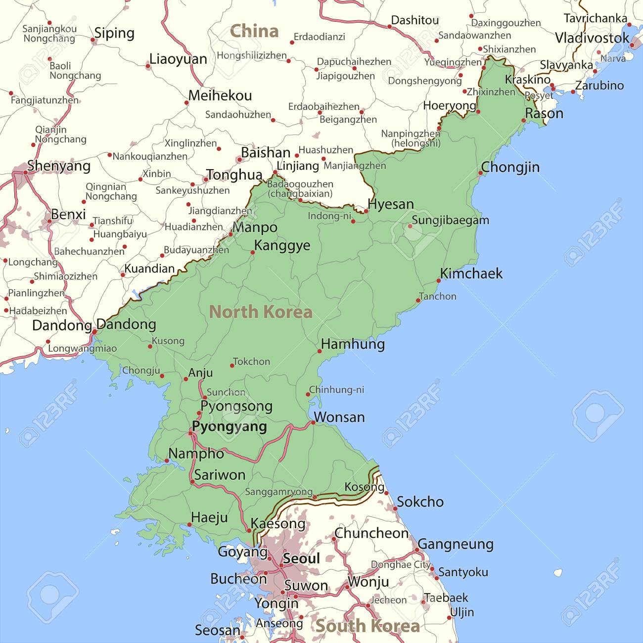 北朝鮮と韓国、首都平壌とソウル、国境、重要な都市河川や湖で