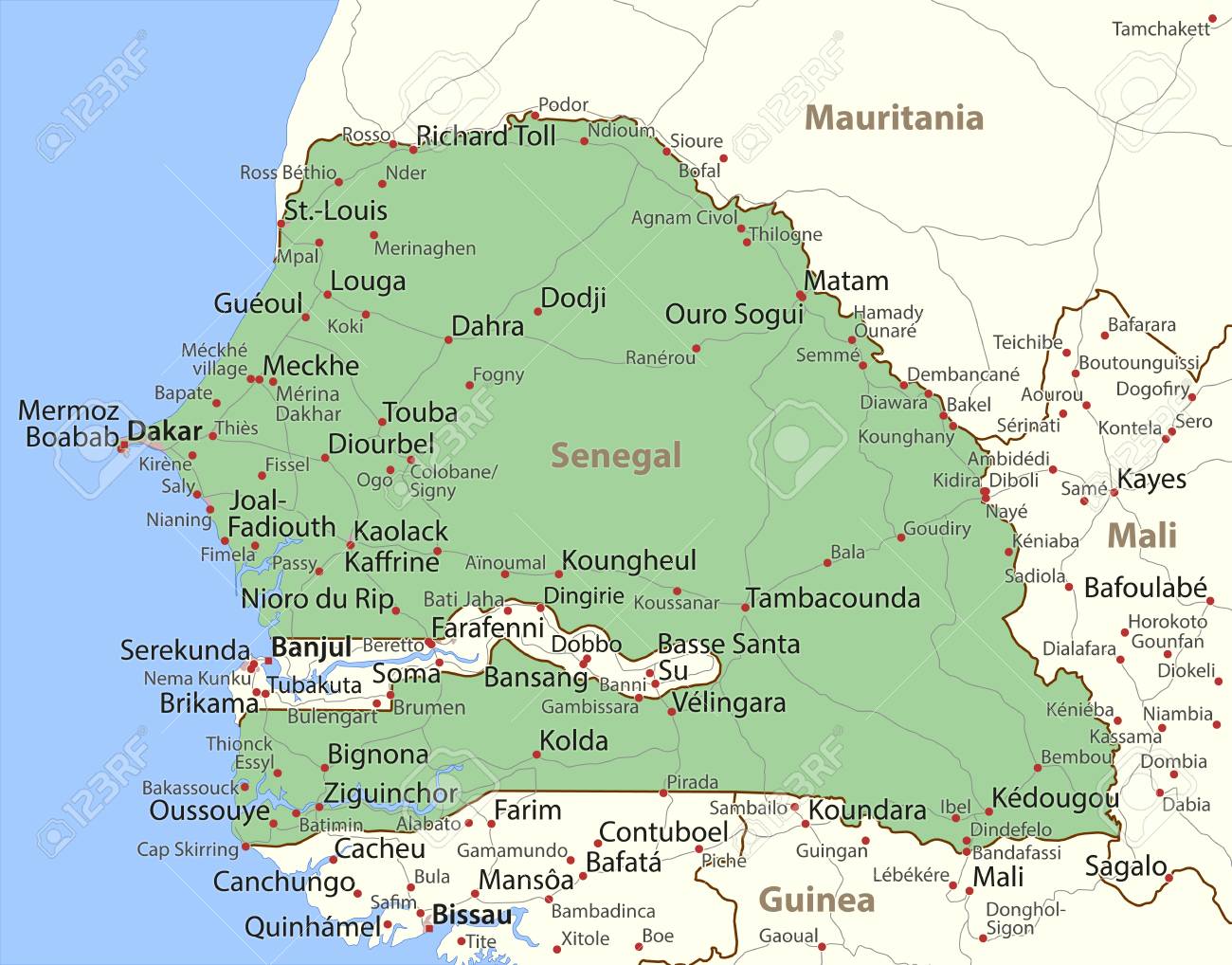 Map Senegal Surrounding Countries Map Of Senegal. Shows Country Borders, Urban Areas, Place Names And Roads.  Labels In English Where Possible. Royalty Free Svg, Cliparts, Vectors, And  Stock Illustration. Image 95808737.
