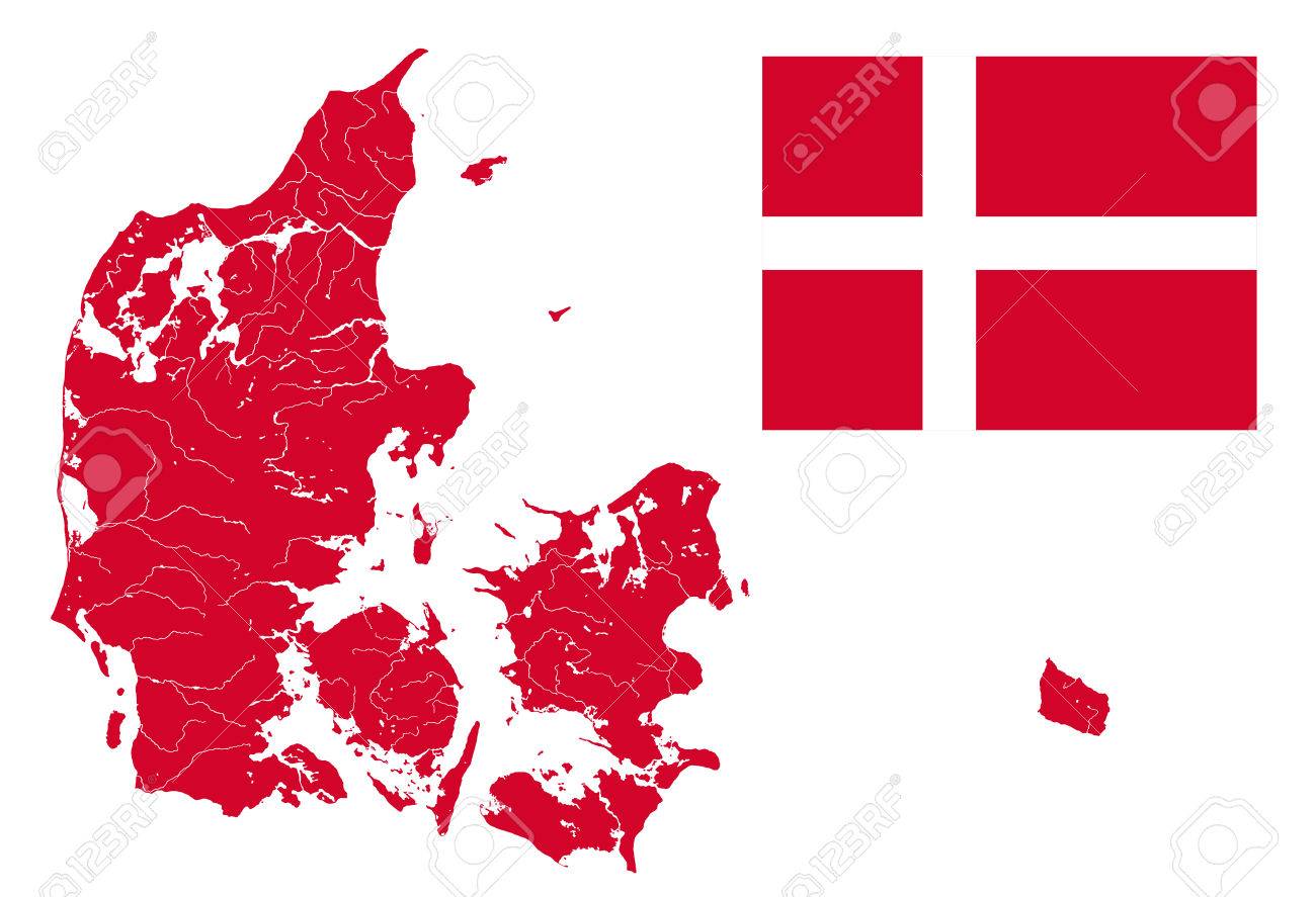 civil and state flag of denmark and very detailed outline map