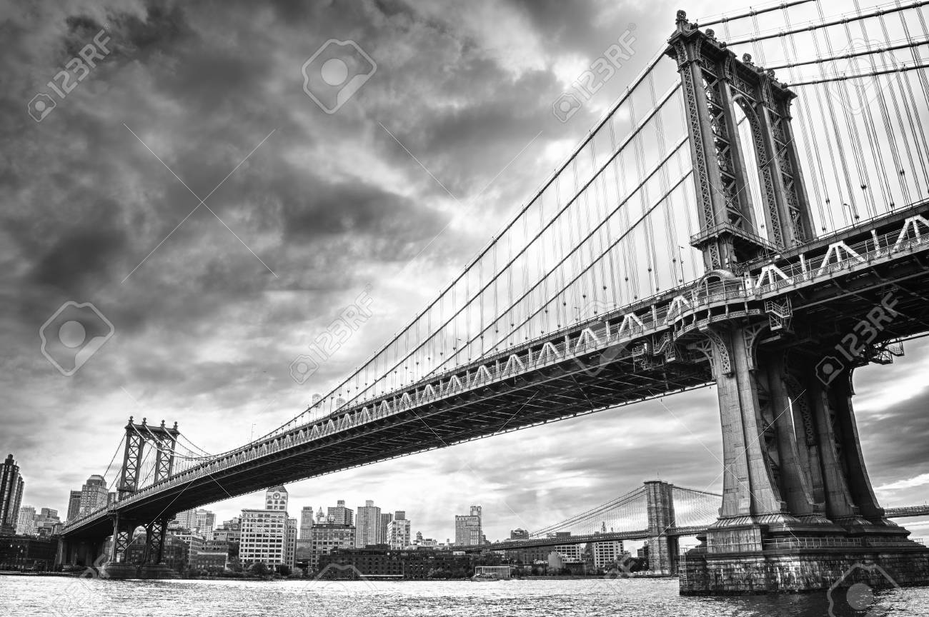 View of two bridges on the east river black and white hdr image