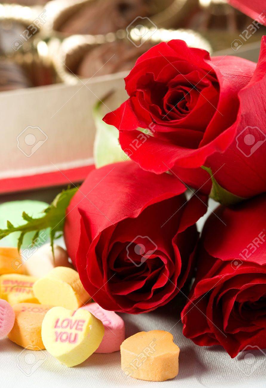 Roses And Candy Hearts With Love Messages Stock Photo, Picture And ...