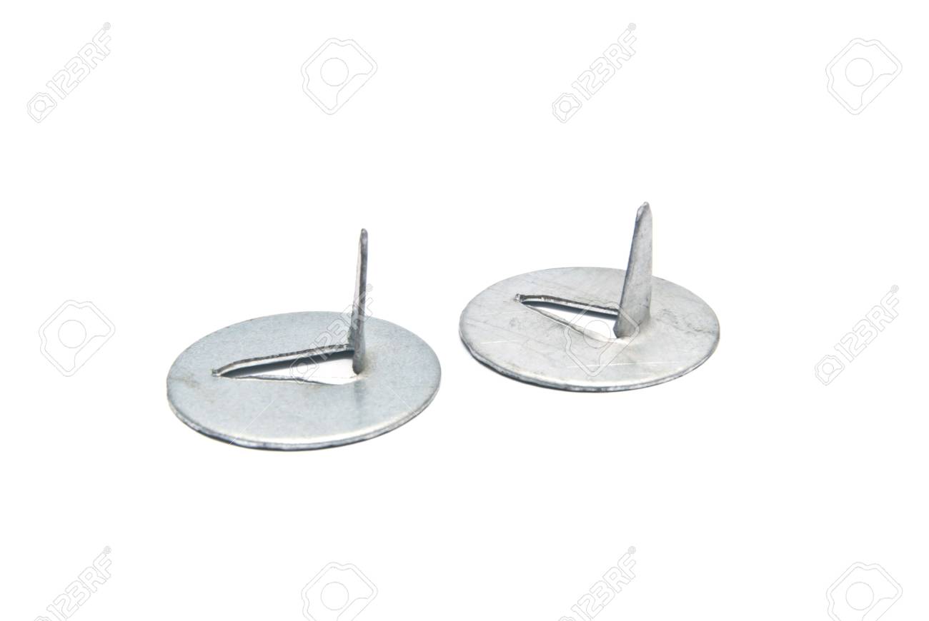 two silver color push pins on white background stock photo picture silver push pins