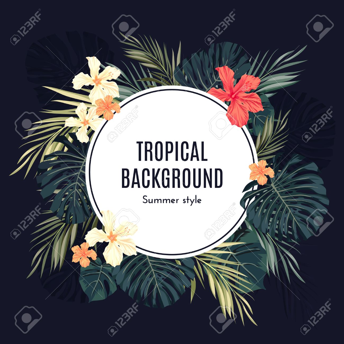 Summer tropical hawaiian background or flyer with jungle palm tree leaves and exotic flowers, space for text, vector illustration. - 41251382 Summer tropical hawaiian background or flyer with jungle palm tree leaves and exotic flowers, space for text, vector illustration. - 41251382