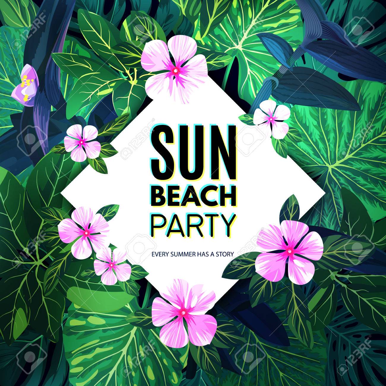 Fond Tropical Lumineux Dété Avec Des Feuilles De Palmiers Exotiques Et Des Fleurs Roses