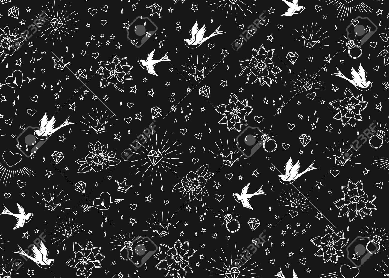Old School Tattoos Seamless Pattern With Birds Flowers Roses