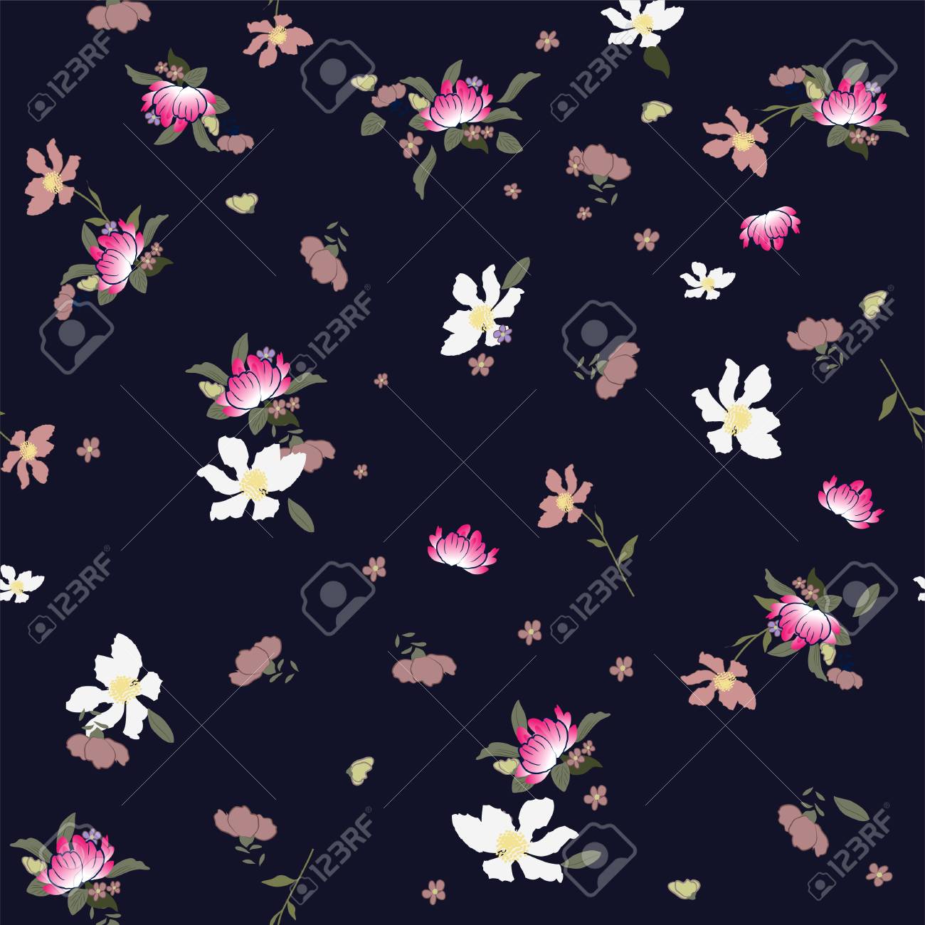 Seamless Pattern Small Flowers Isolated On Navy Blue Botanical