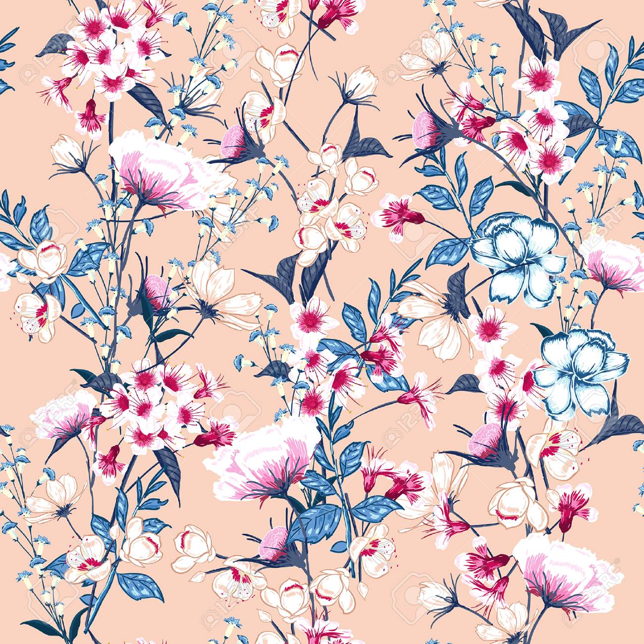 Trendy Floral pattern in the many kind of flowers. Botanical Motifs scattered random. Seamless vector texture. Elegant template for fashion prints. Printing with in hand drawn style on pink background. - 91348073 Trendy Floral pattern in the many kind of flowers. Botanical Motifs scattered random. Seamless vector texture. Elegant template for fashion prints. Printing with in hand drawn style on pink background. - 91348073