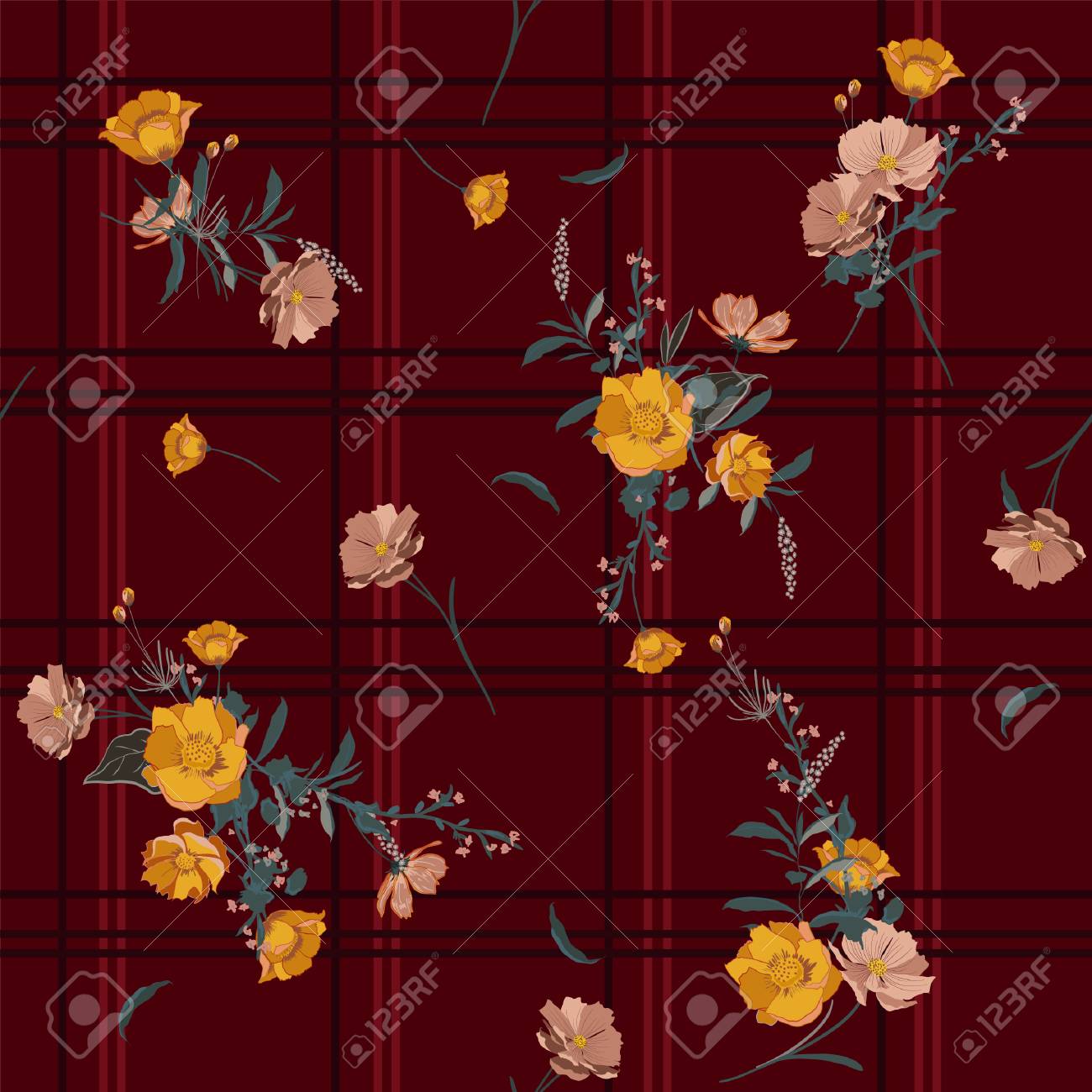 seamless vector check background with bouquets of flowers on
