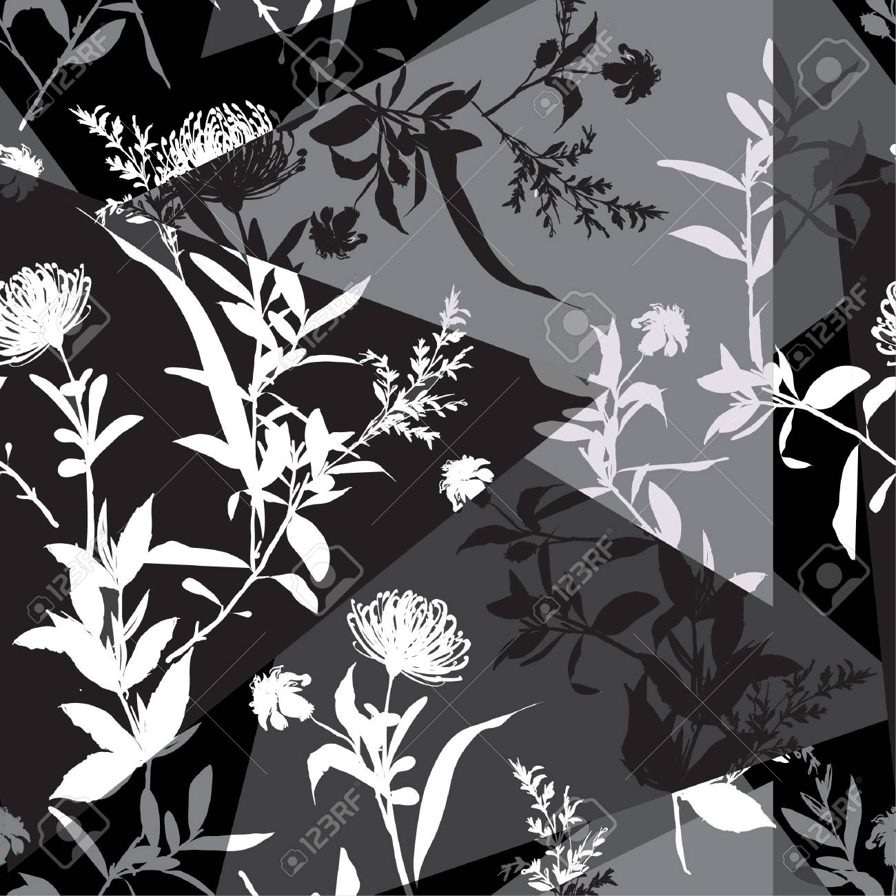 Monotone Black Whiteand Grey Summer Silhouette Flower Collage Modern Mood Seamless Pattern Vector Monotone Black Whiteand Grey Summer Silhouette Flower Collage Modern Mood Seamless Pattern Vector