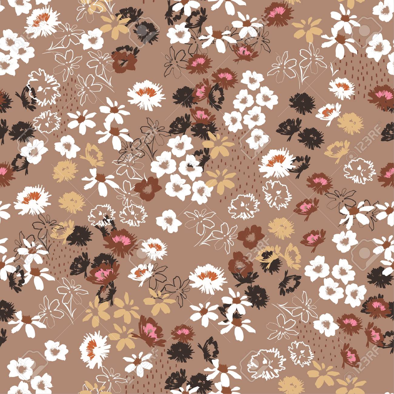 Vintage Seamless pattern in colorful small pretty flowers. Liberty style blooming meadow florals design for fashion , fabric , wallpaper , web and all prints on stylish brown background color - 124605204 Vintage Seamless pattern in colorful small pretty flowers. Liberty style blooming meadow florals design for fashion , fabric , wallpaper , web and all prints on stylish brown background color - 124605204