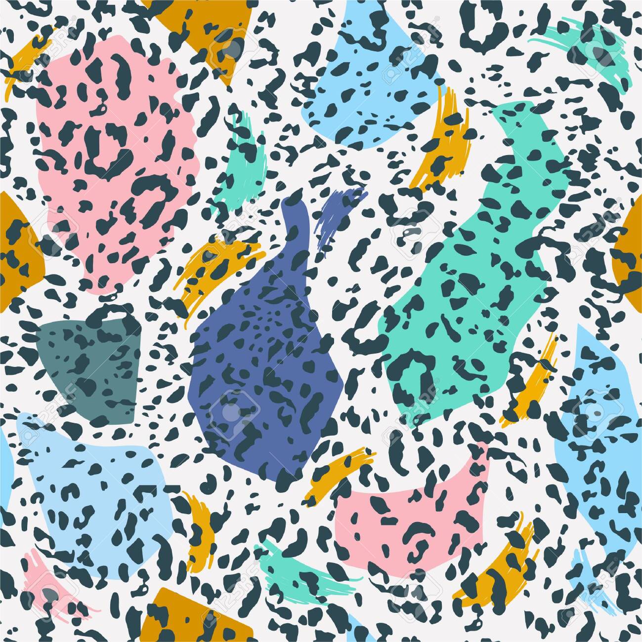 Trendy Colorful Sweet Pastel Of Freehand Shape And Brush Pattern With Animal Leopard Print Trendy Hand Drawn Modern Style Abstract Design For Fashion Fabric Wallpaper Wrapping And All Prints On White Background Color Royalty Free