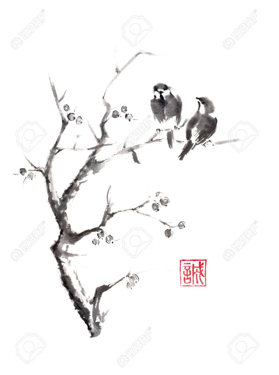 柿と小鳥 水墨画 柿と小鳥 水墨画
