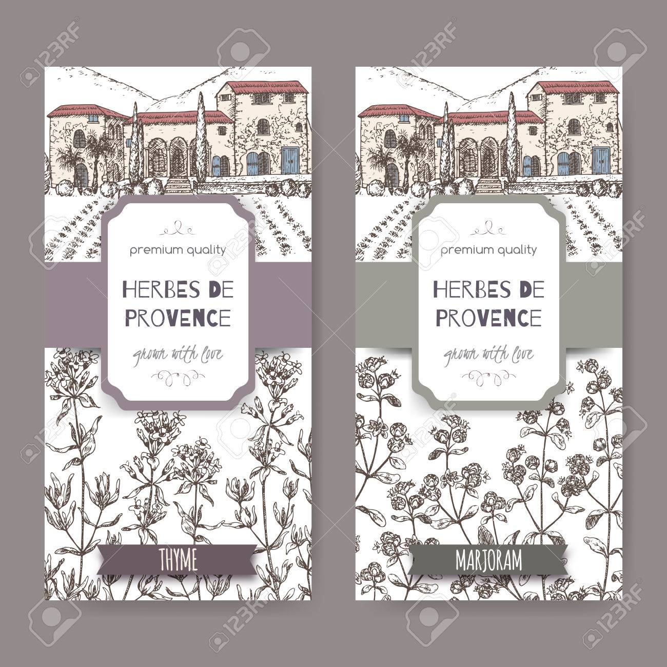2 つのプロヴァンス邸の Herbes ドプロヴァンス ラベル風景 タイム マジョラムを白のスケッチします 料理用のハーブ コレクションです 料理 医療 ガーデニング デザインに最適です のイラスト素材 ベクタ Image