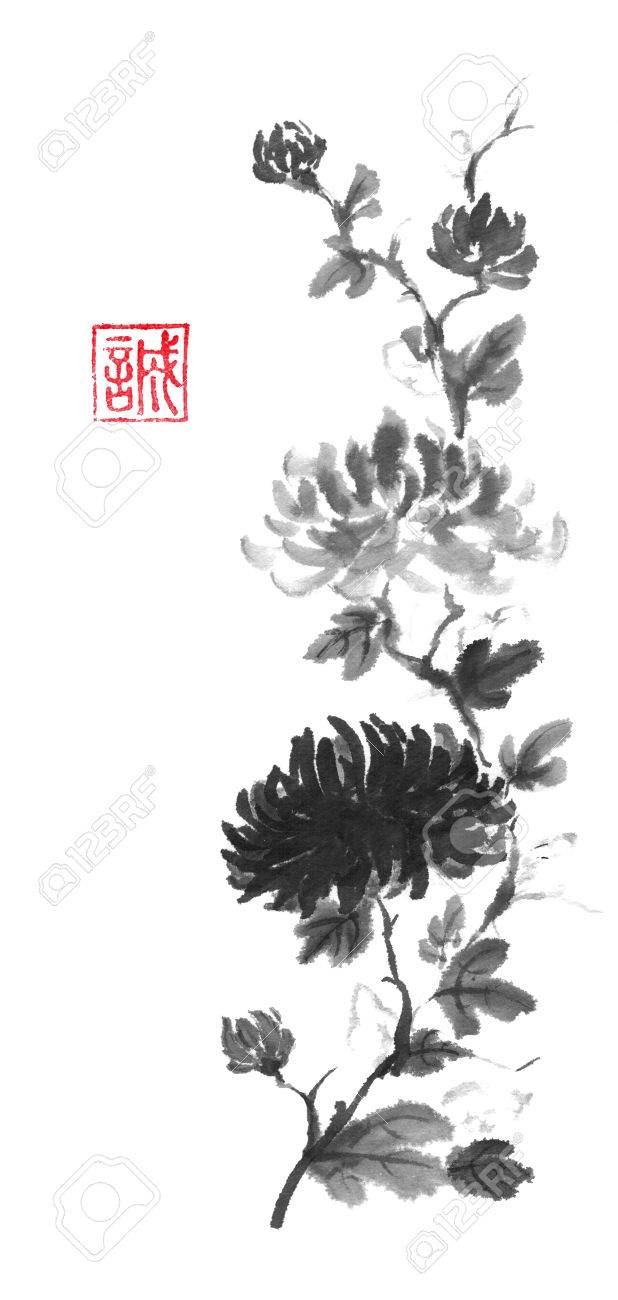 和風オリジナル墨絵暗いと光の菊花の水墨画 伝統的なスクロールとして設計されています 注目の象形文字を意味誠実さ グリーティング カードやテクスチャのデザインに最適です の写真素材 画像素材 Image