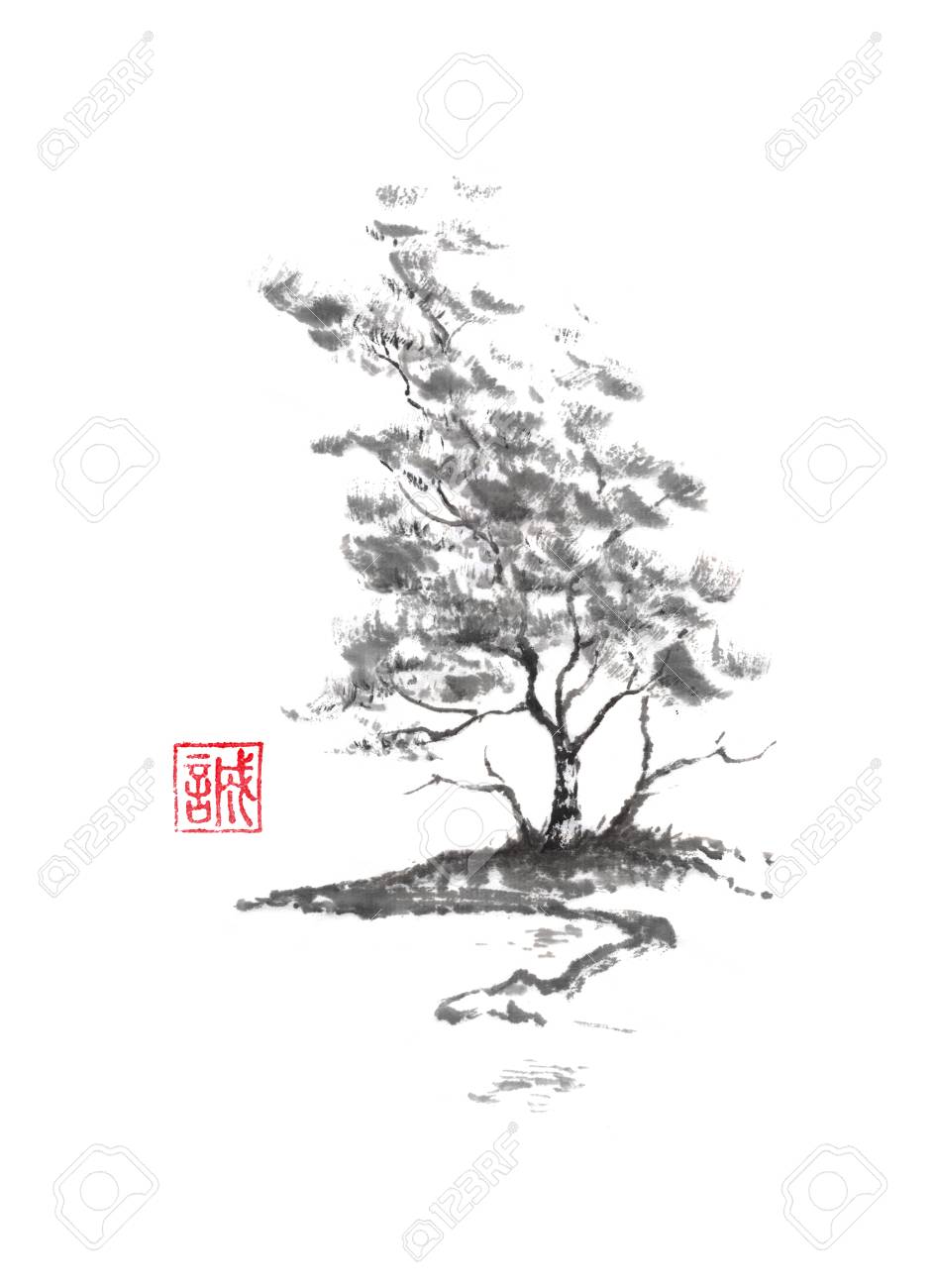 川銀行和風墨絵水墨画にシラカバの木。の写真素材・画像素材