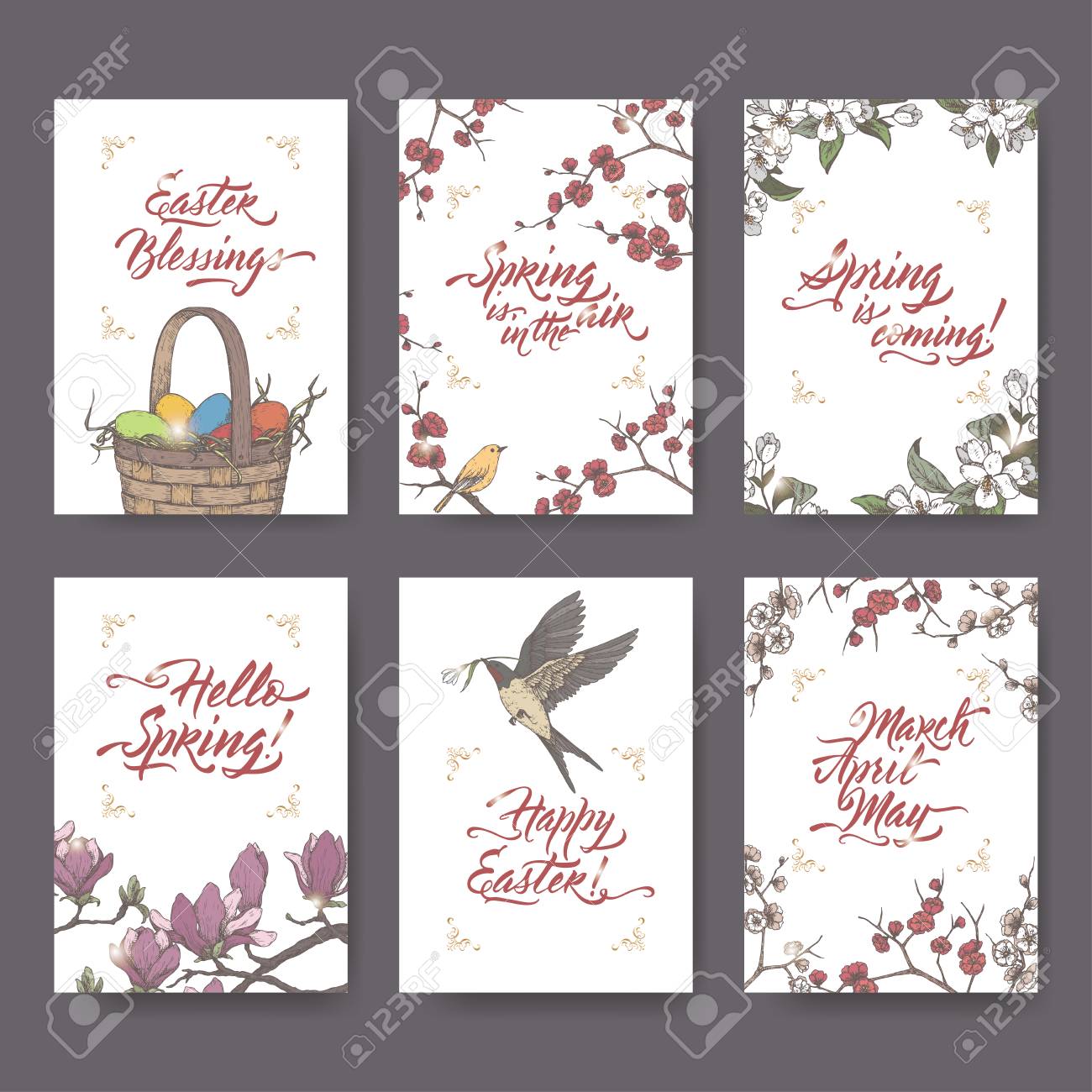 Set Of 6 Easter And Spring Related Color Greeting Cards On White Royalty Free Cliparts Vectors And Stock Illustration Image 94934501