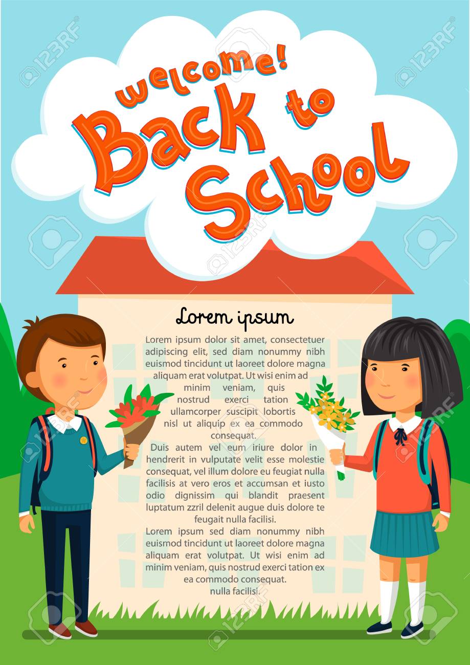 男子学生と女子高生ようこそテキスト テンプレート ベクトルします 英会話 バナーへようこそ 幸せの男の子と彼らの教師の花の花束を保持しているバックパックと女の子 学校の建物の近くの小学生 フラット漫画イラスト 最初の学校の イラスト素材 ベクタ Image