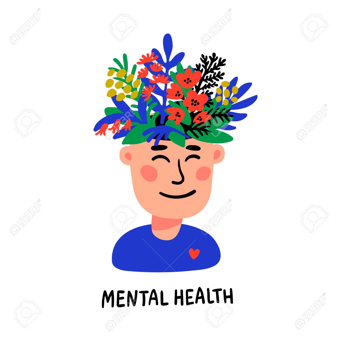 Psychology. Mental health. Man character with flower head. Mental..