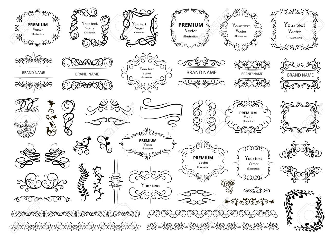 Calligraphic design elements. Decorative swirls or scrolls, vintage frames, flourishes, labels and dividers. Retro vector illustration. - 153183888 Calligraphic design elements. Decorative swirls or scrolls, vintage frames, flourishes, labels and dividers. Retro vector illustration. - 153183888