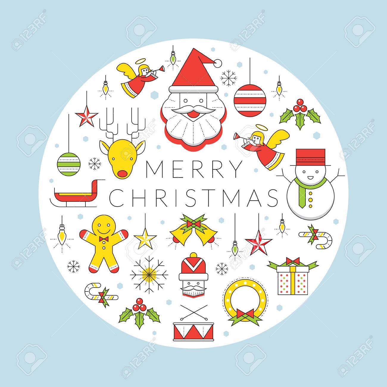 クリスマス ライン アイコン ラベル サンタ クロース スノーマン トナカイ 飾り のイラスト素材 ベクタ Image