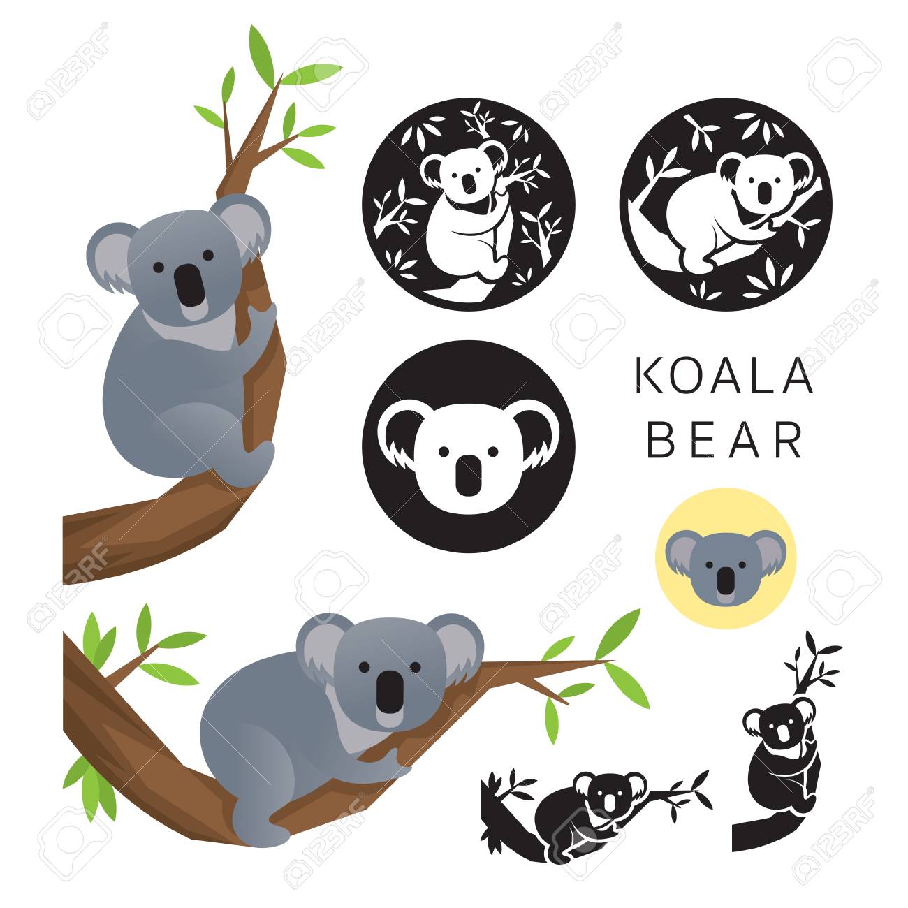 Koala Bear Vector Set On The Tree Silhouette And Icon Royalty