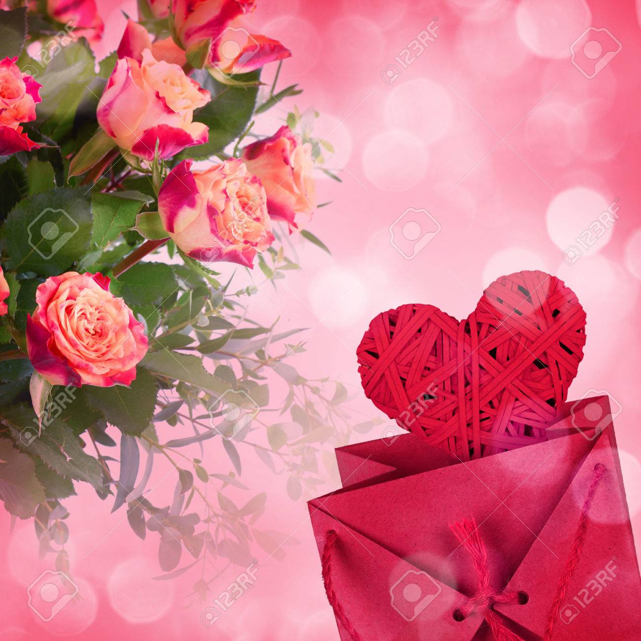 Bouquet of roses and gift box on romantic background - 43347602 Bouquet of roses and gift box on romantic background - 43347602