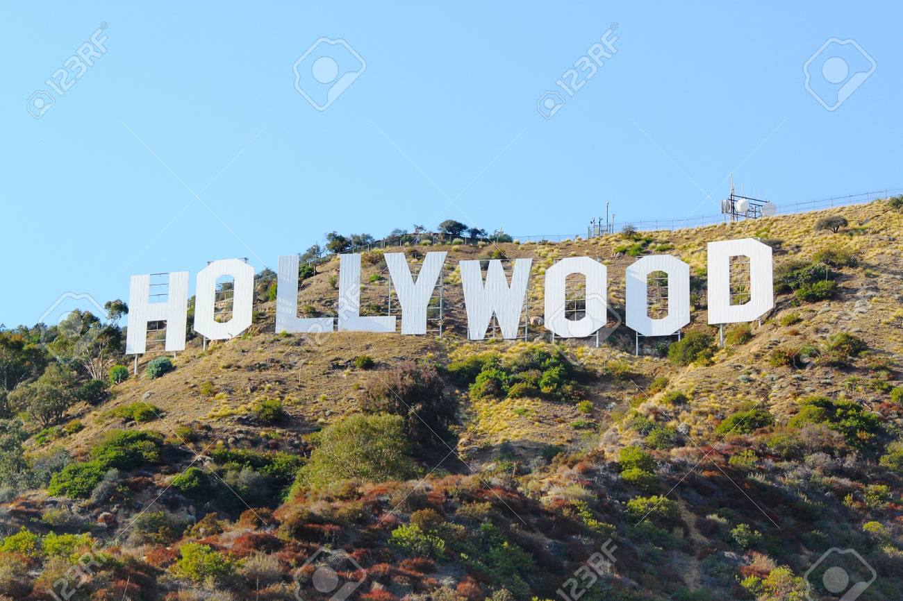 HOLLYWOOD Sign On Blue Sky Background. World Famous Landmark. Los Angeles,  California. 09-11-2012. Stock Photo, Picture and Royalty Free Image. Image  97973053., image size:1300x866