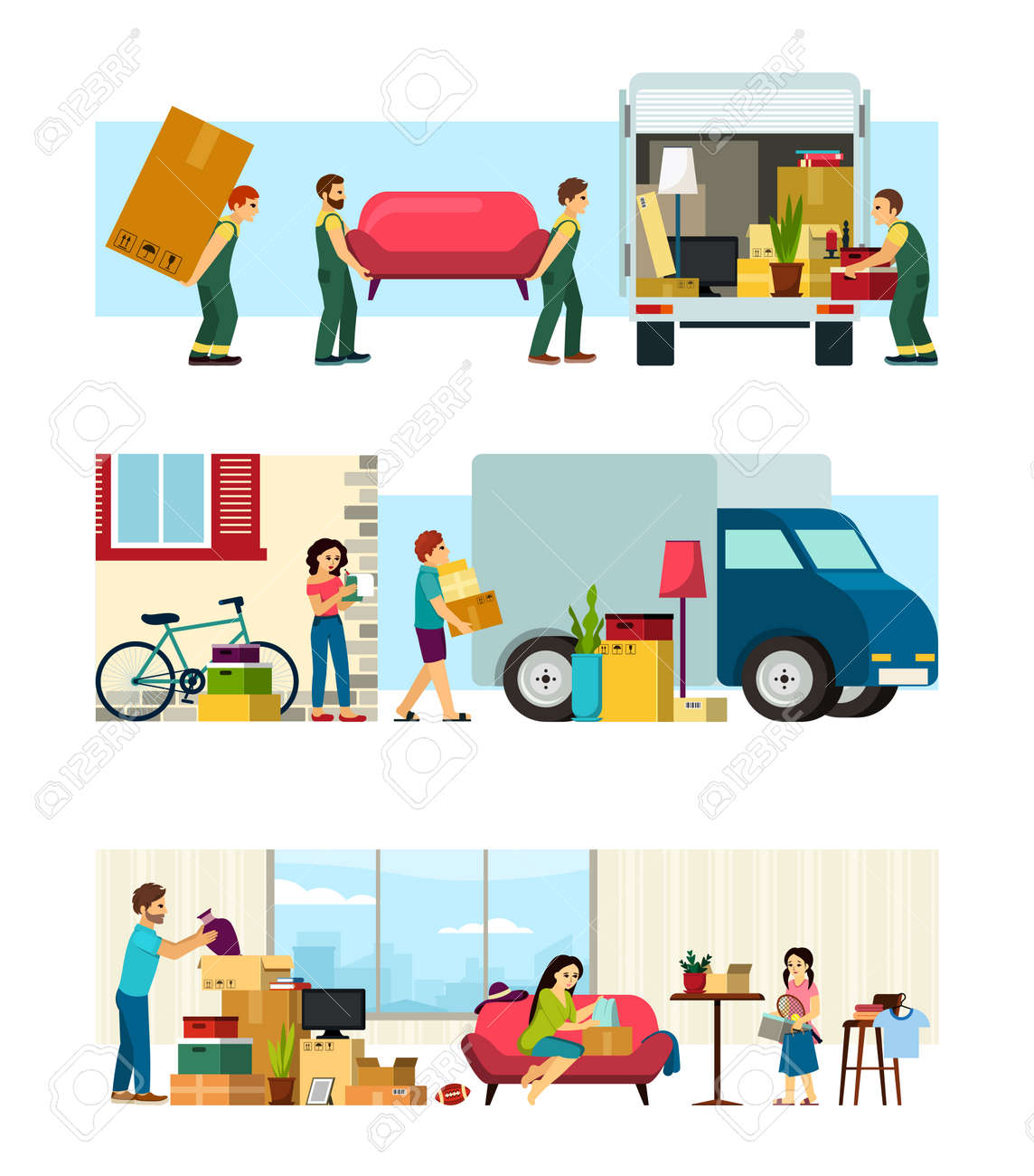 Déménagement vers un nouvel ensemble de résidence. la famille organise les choses dans leur nouvel appartement les déménageurs transportent le canapé au camion l'homme transporte une grande boîte en carton à la propriété pour l'expédition. caricature de meubles de vecteur. - 176302576 Déménagement vers un nouvel ensemble de résidence. la famille organise les choses dans leur nouvel appartement les déménageurs transportent le canapé au camion l'homme transporte une grande boîte en carton à la propriété pour l'expédition. caricature de meubles de vecteur. - 176302576