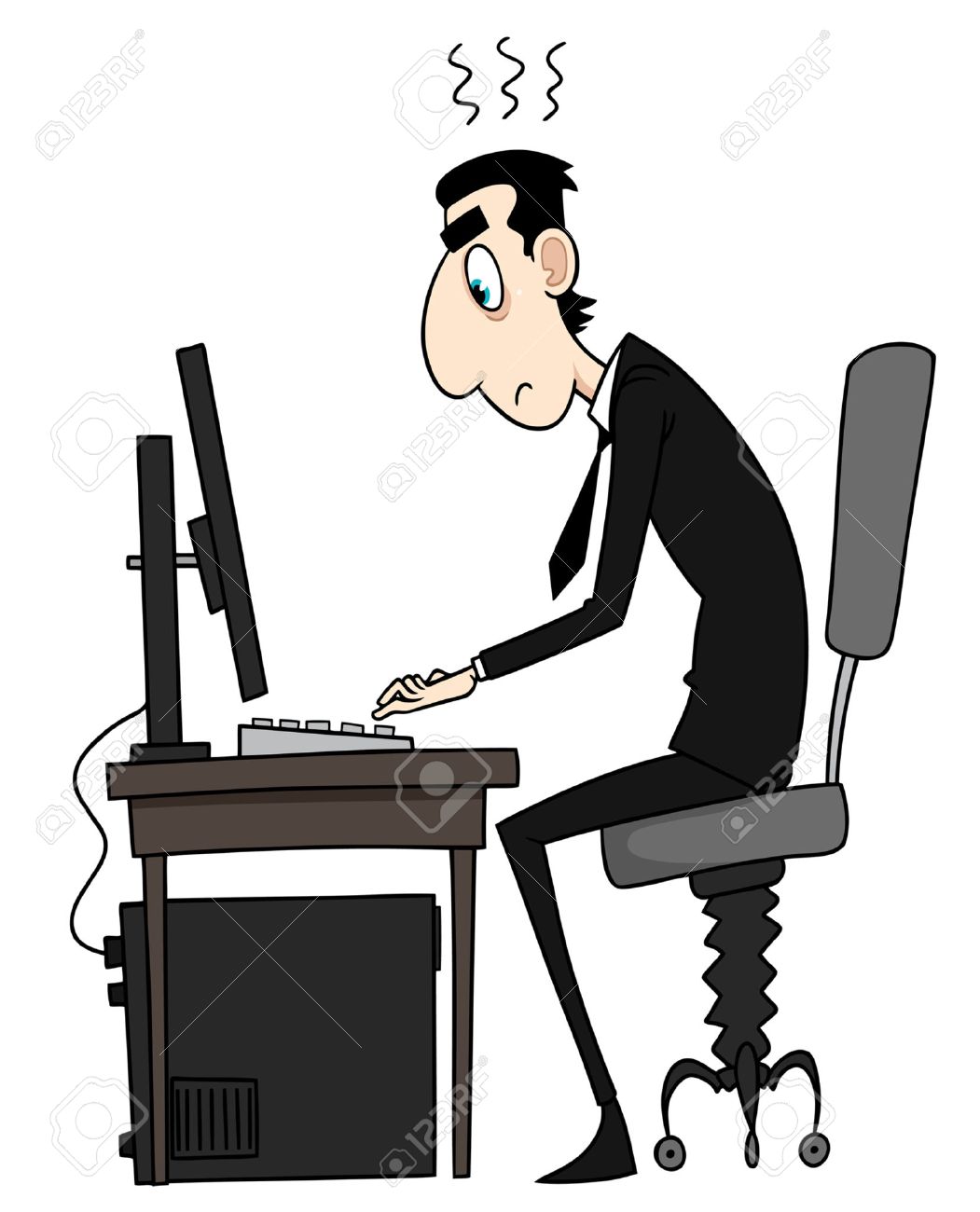 白い背景の上のコンピューターに取り組んでのくたびれた男のイラストのイラスト素材 ベクタ Image