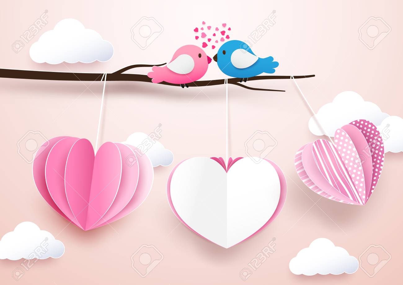 Cute Heart Shape Mobile Hanging With Branches And Couple Birds In Love Paper Art Cute Heart Shape Mobile Hanging With Branches And Couple Birds In Love Paper Art