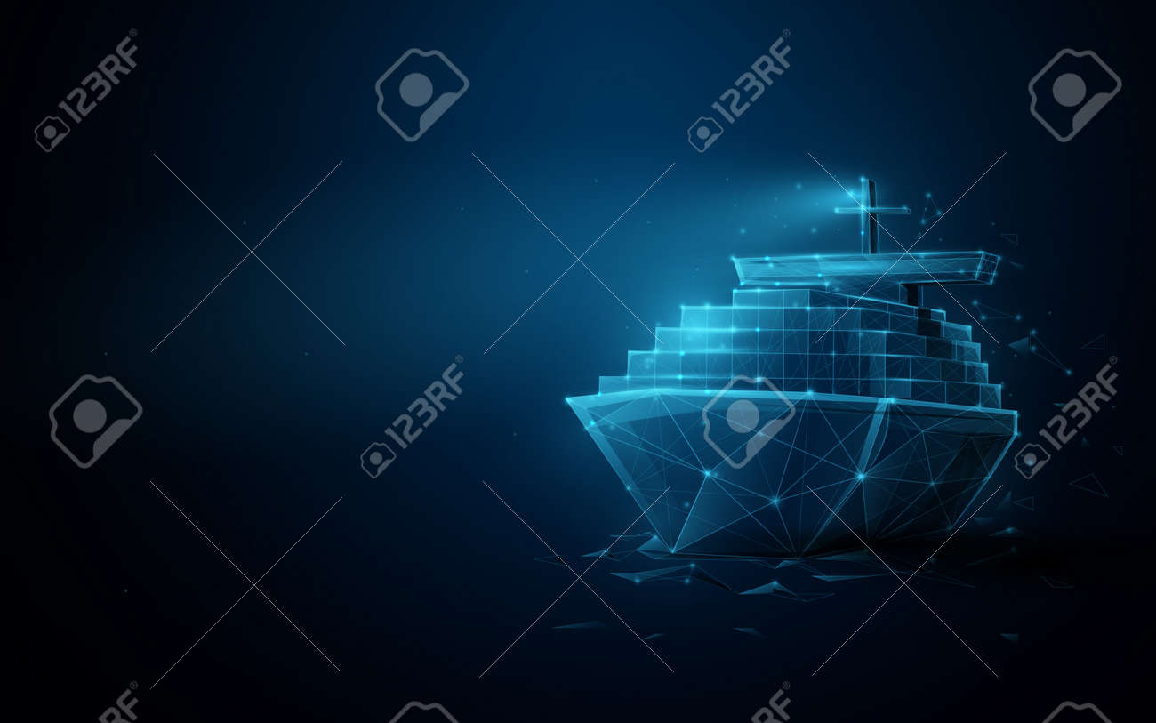 Bateau cargo porte-conteneurs dans la mer. contexte de concept d'importation, d'exportation, d'expédition ou de transport logistique. low poly, géométrique, filaire, particules, lignes et contours de triangles. illustration vectorielle 3d - 168597570 Bateau cargo porte-conteneurs dans la mer. contexte de concept d'importation, d'exportation, d'expédition ou de transport logistique. low poly, géométrique, filaire, particules, lignes et contours de triangles. illustration vectorielle 3d - 168597570
