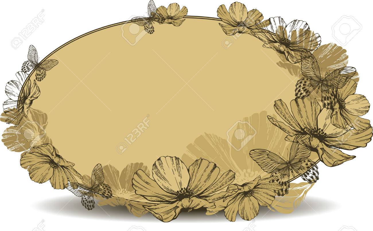 花と蝶を持つヴィンテージ楕円形フレーム ベクトル イラスト のイラスト素材 ベクタ Image