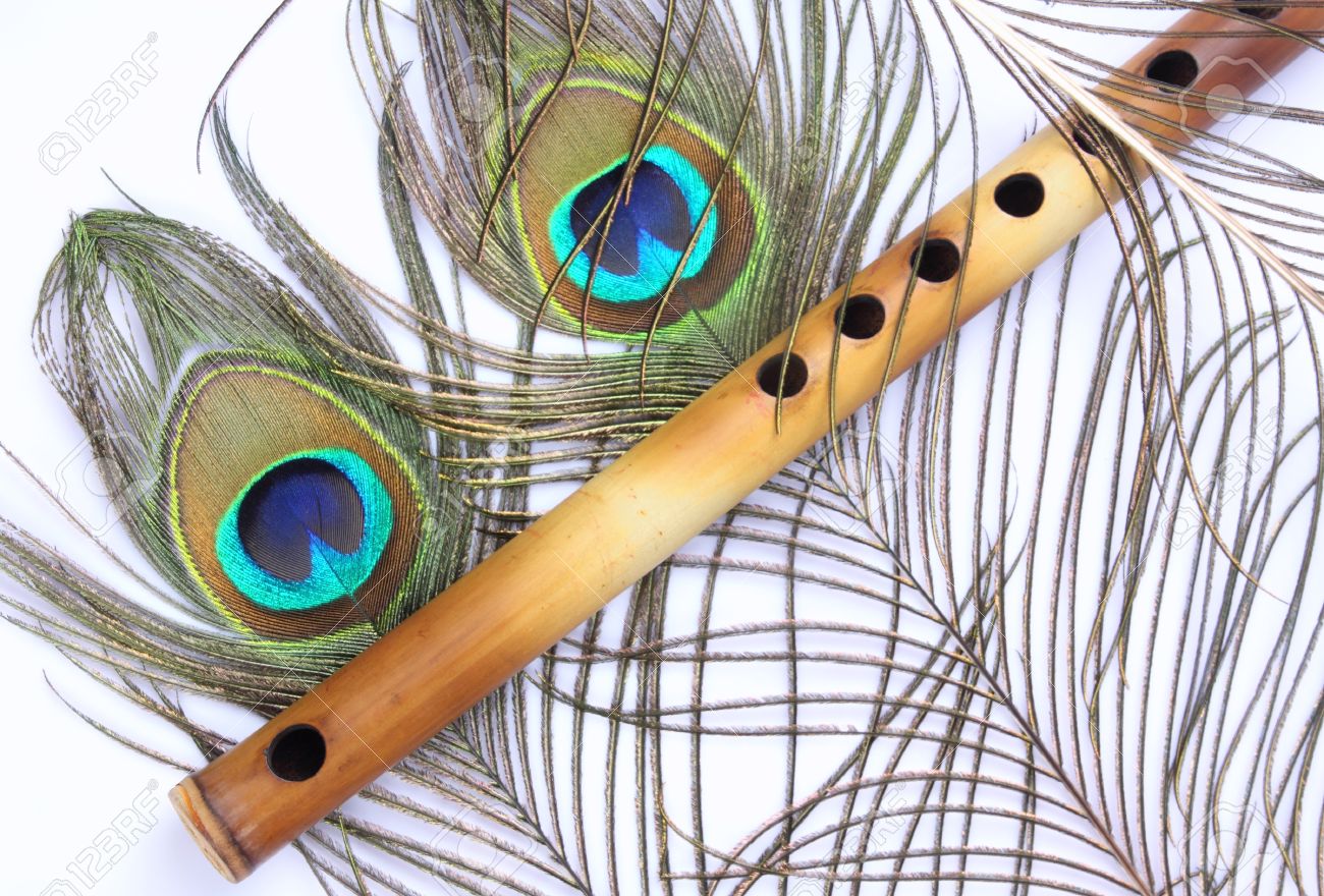 indian flute with peacock feather stock photo picture and royalty