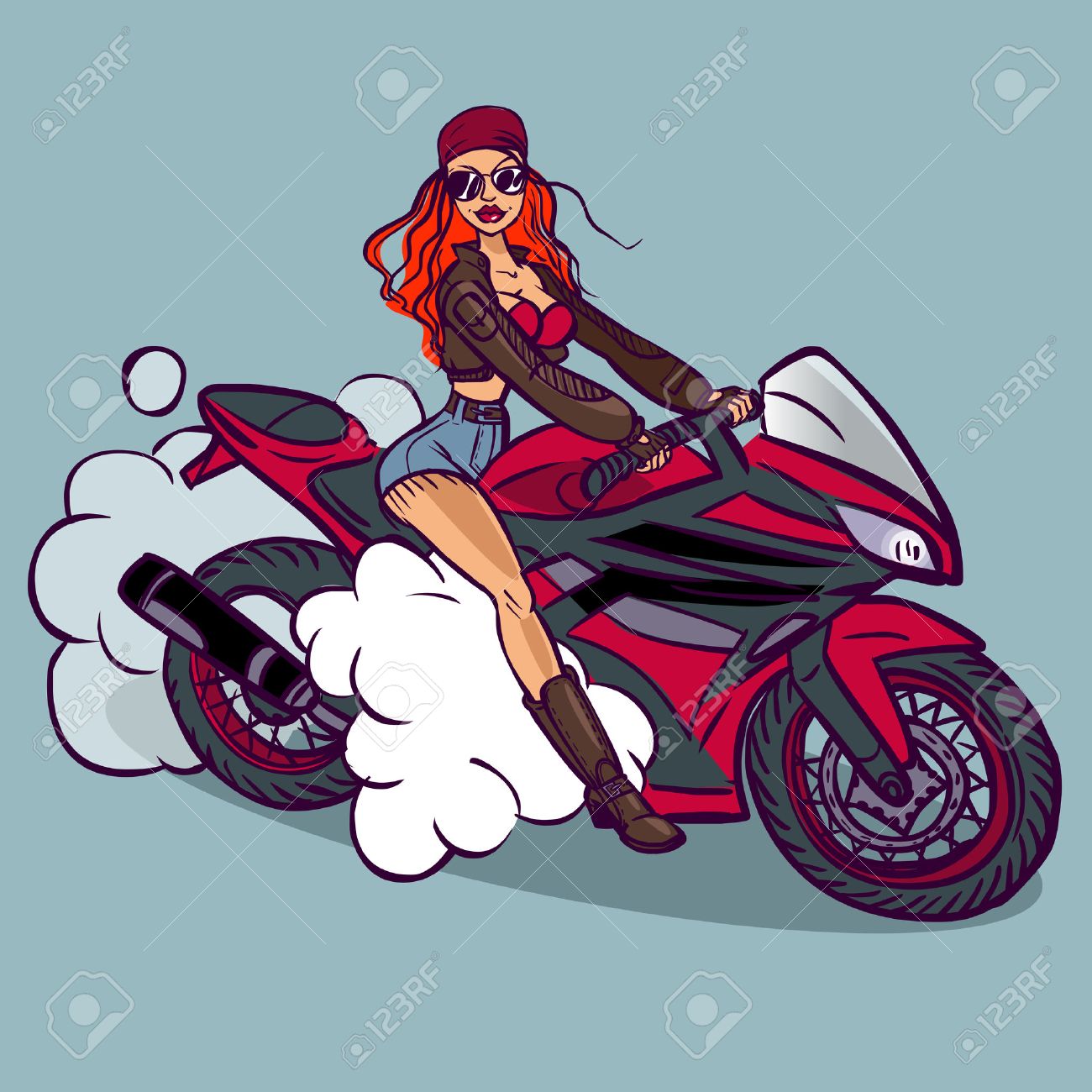 motorcycle girl: Funny vector cartoon colorfull biker girl in pin-up style isolated background