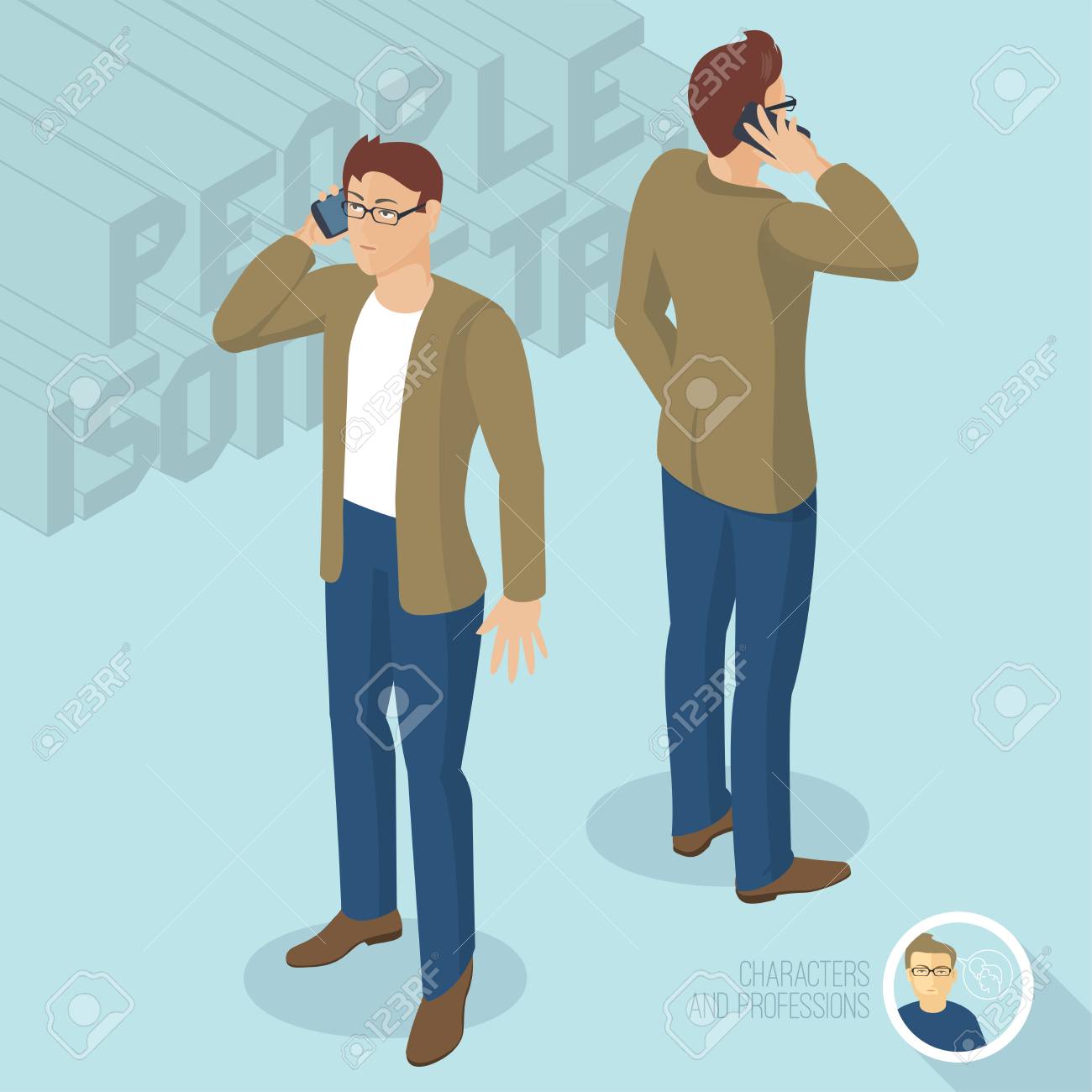 Young Man Phoning Front And Back View Isometric 3d Flat Design