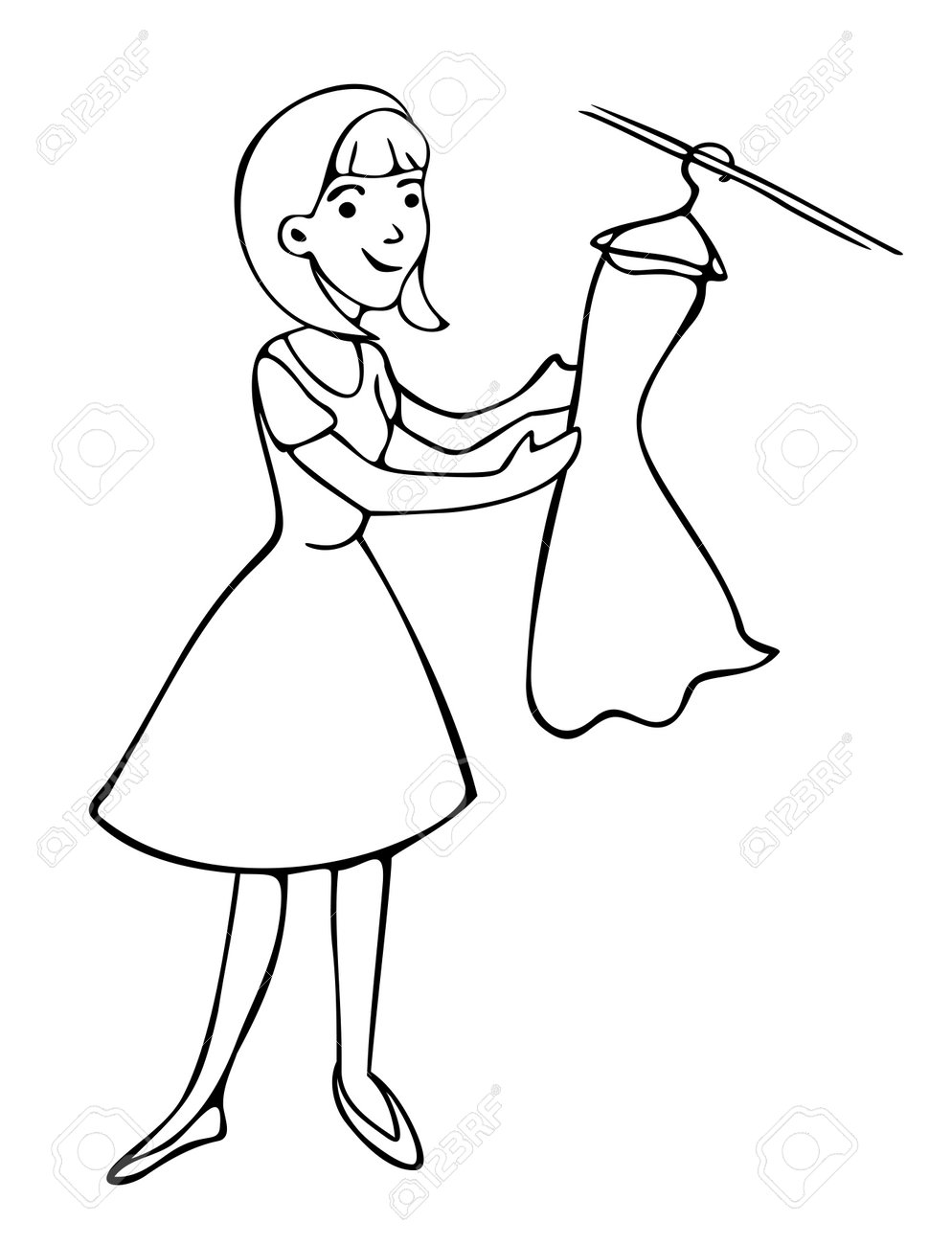 Vector Illustration Of Girl With Dress On Hanger. Outline In Cartoon Style.  Royalty Free SVG, Cliparts, Vectors, and Stock Illustration. Image  180141548., image size:994x1300