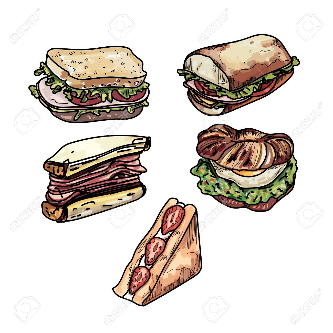 set of delicious sandwich illustrations several different kinds