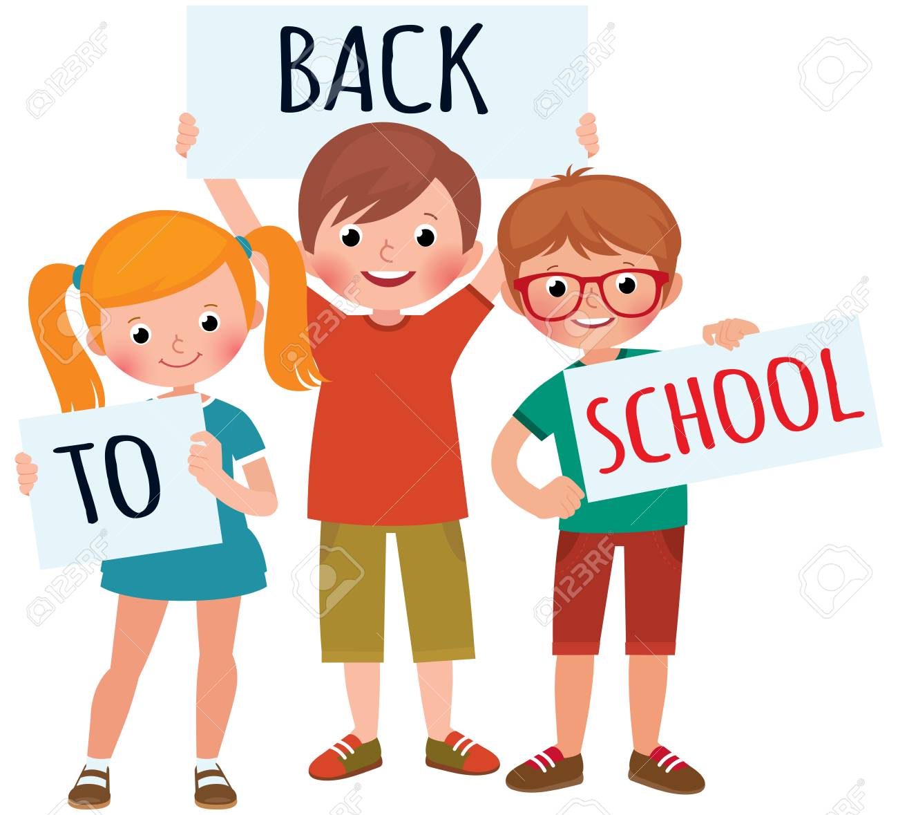 ベクトル漫画イラスト群子供学生の女の子と男の子が学校に戻るのためのボードを保持します のイラスト素材 ベクタ Image