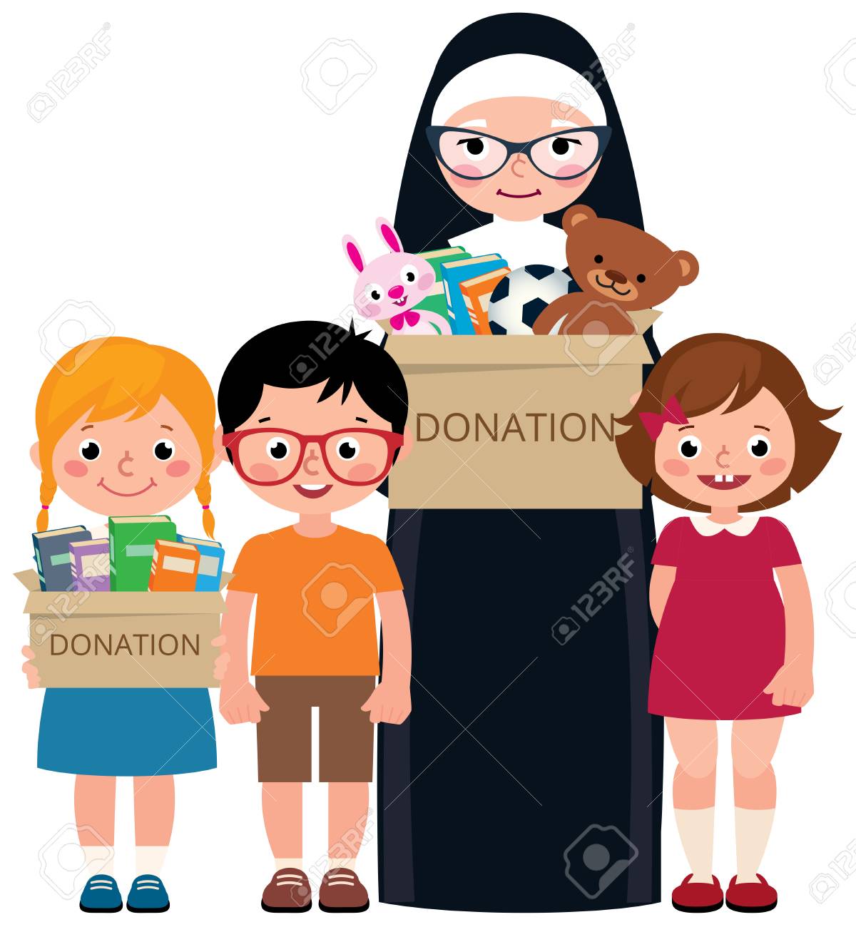 Senior Catholic Nun And A Group Of Children Volunteers Are Engaged Royalty Free Cliparts Vectors And Stock Illustration Image