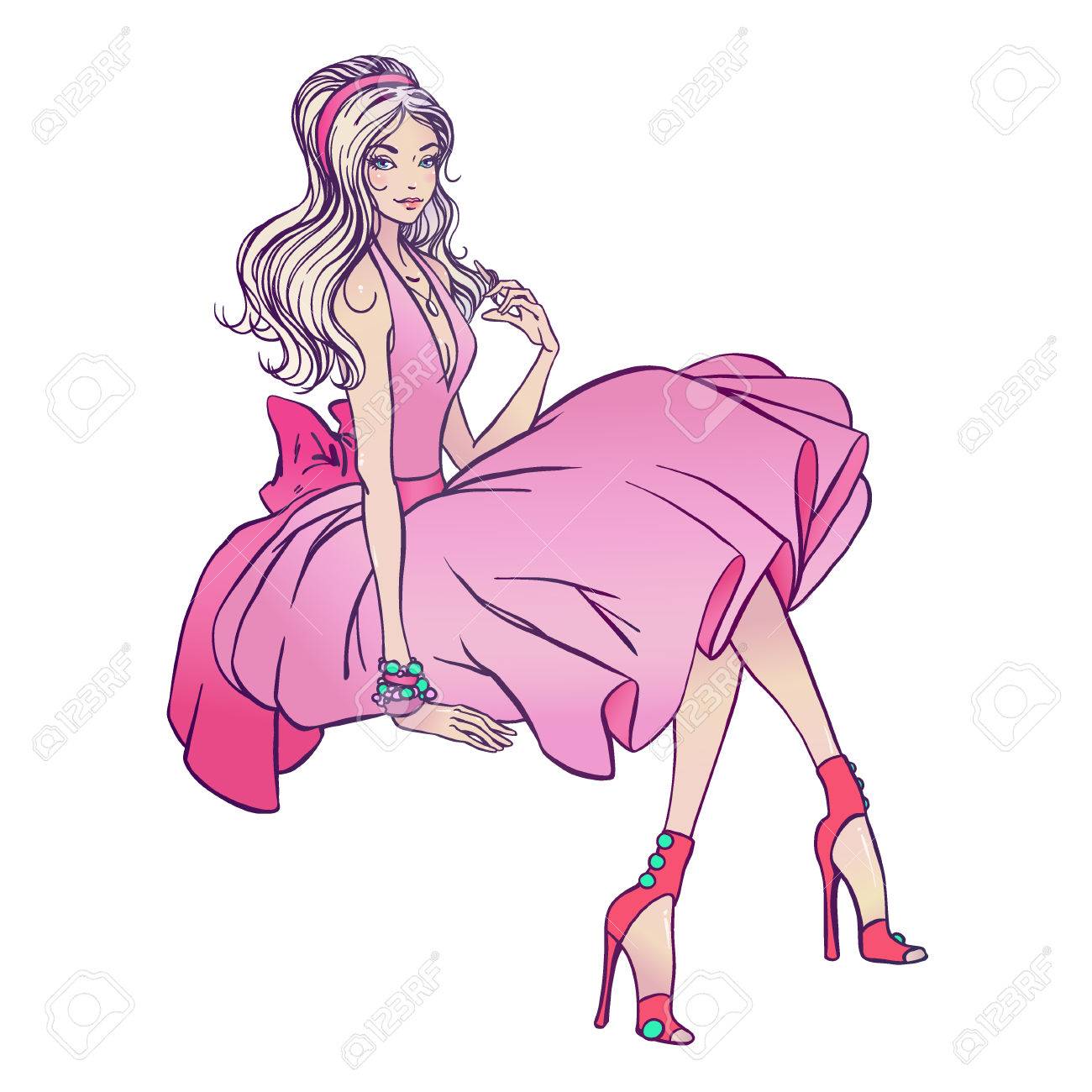 座っている容姿の美しさの少女です 髪に触れます ファッションイラストのベクトルは白で隔離 誕生日カードの招待状デザイン テンプレートです エレガントな ドレスで派手な金髪の女性 鶏のパーティー ピンクの女性 のイラスト素材 ベクタ Image