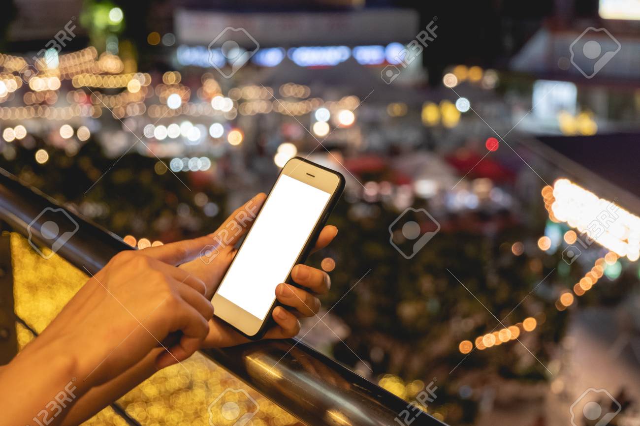 Woman used smartphone, mock up empty on screen - 122663078 Woman used smartphone, mock up empty on screen - 122663078
