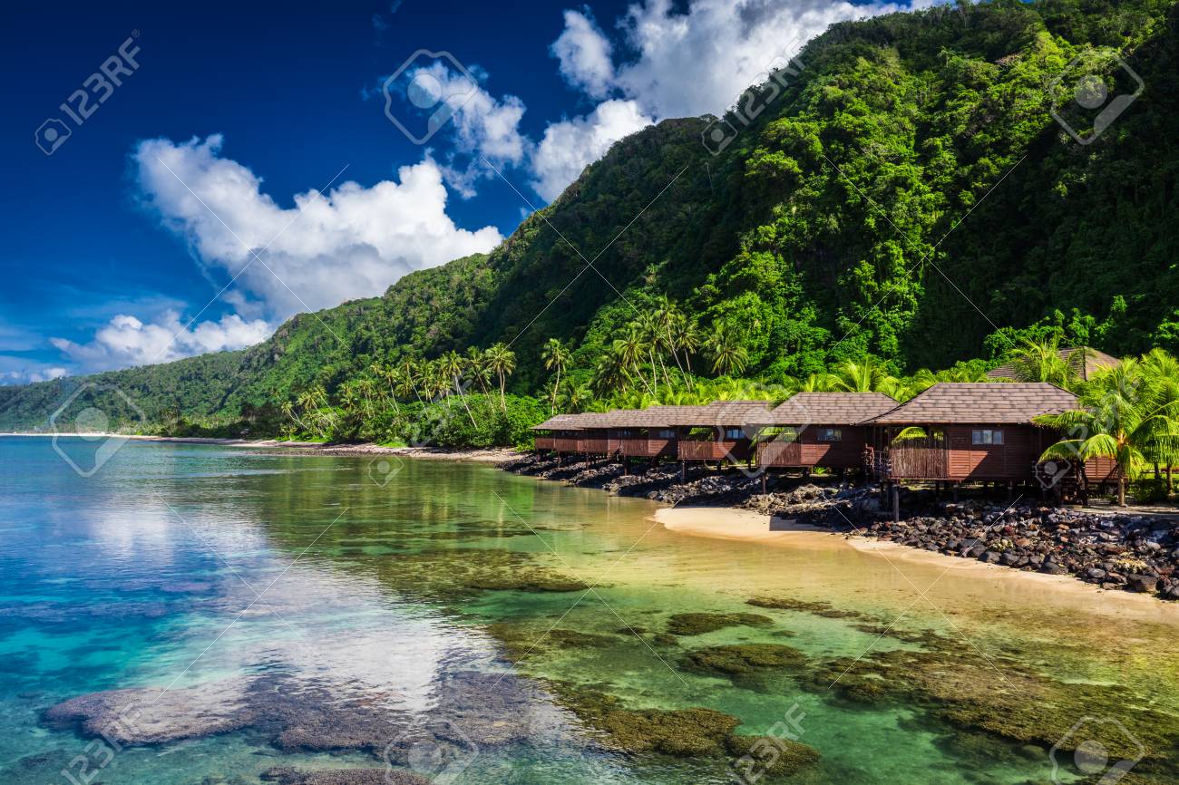 Tropical Beach With With Coconut Palm Trees And Beach Houses On Samoa Upolu Island Stock Photo Picture And Royalty Free Image Image